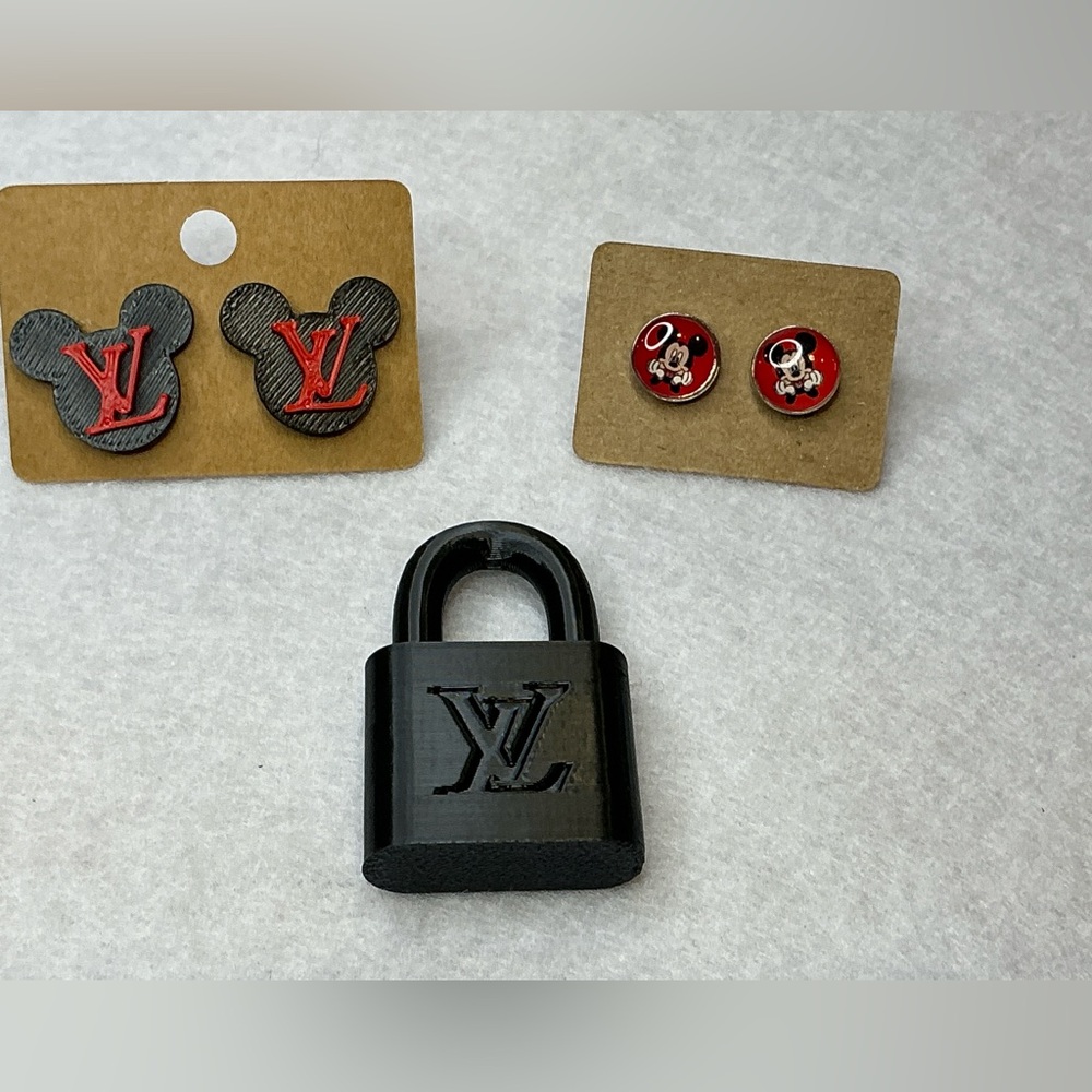 LV Black Plastic Padlock Mickey Mouse Earrings Set